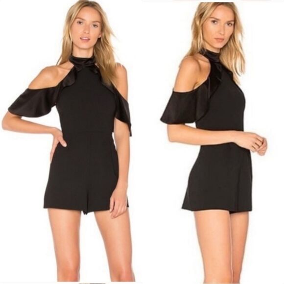 Alice + Olivia Rosaline High Neck Satin Ruffle Cold Shoulder Pleated Romper - Picture 1 of 8